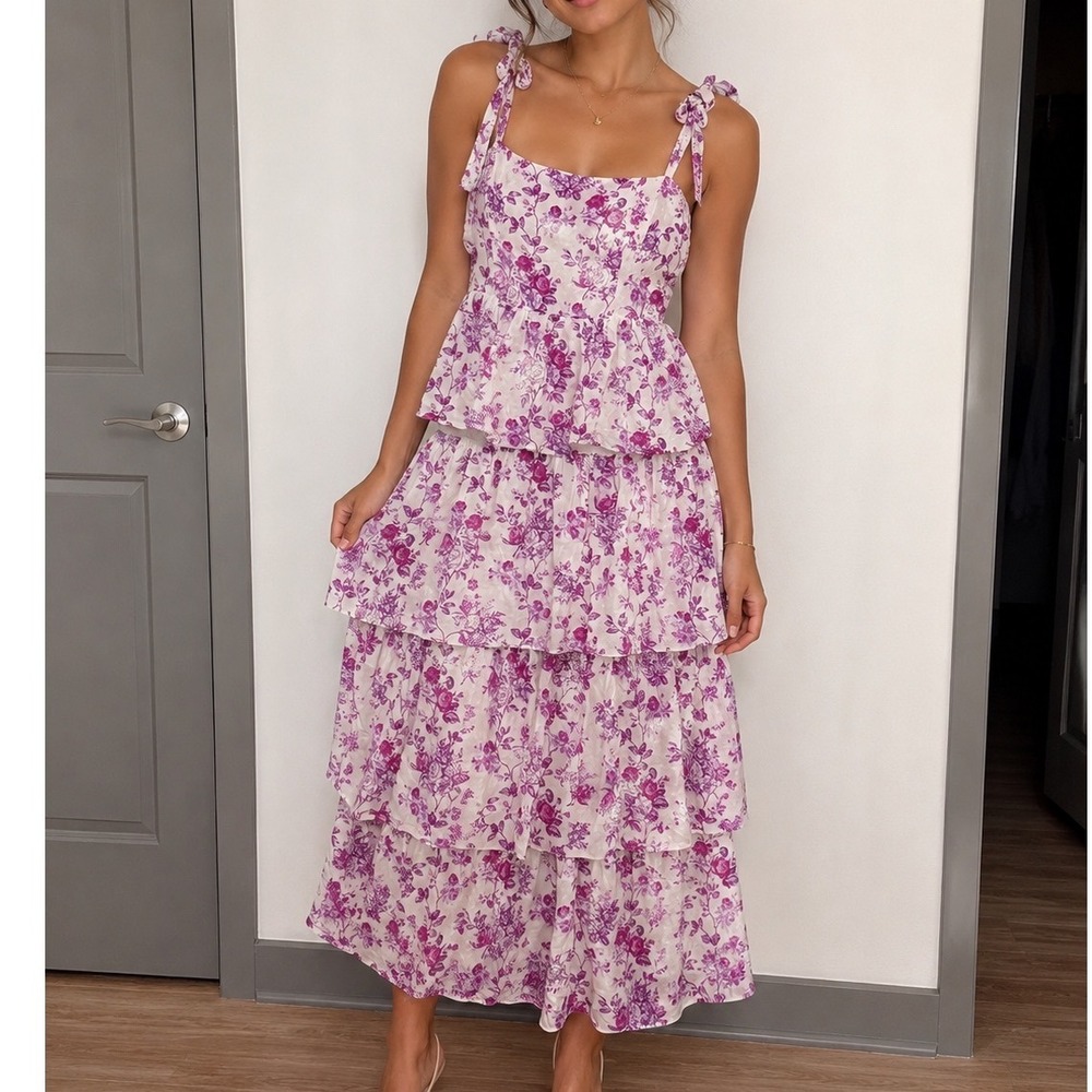 TCEC Purple Floral Tiered Maxi Dress Linen Blend Tie Strap Cottagecore Large mm